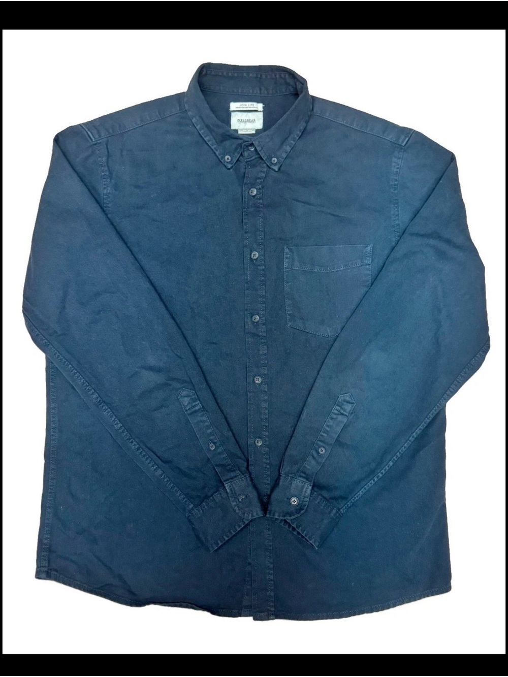 Pull&Bear Men's Long Sleeve Button-Down Shirt - Navy Blue / Black Xl 42
